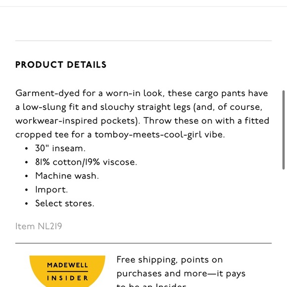 NWT Madewell Low Slung Cargo pants - Picture 6 of 6